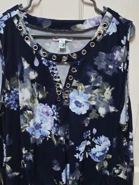 New York & Company Navy Floral Grommet-Trim Sleeveless Tank